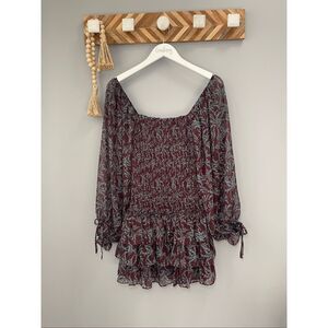 NWT OLIVACEOUS burgundy & teal floral smocked ruffle layered dress Size S